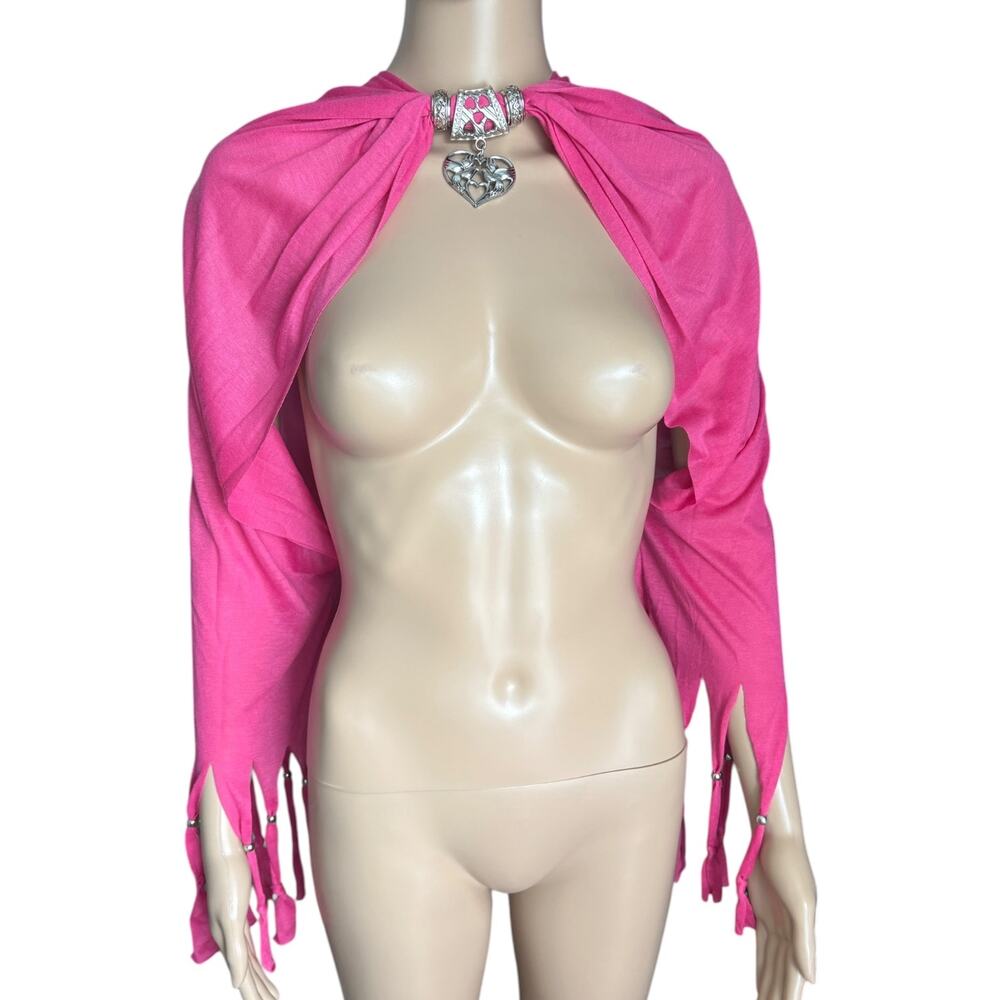 Upcycled Barbiecore Pink Fringe Top Charm Beaded Festival Rave Y2K Cape Love